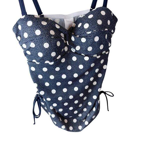 Boden Women's Tankini Top Swim Sz 14‎ Navy Blue White Polka Dots Cinch Side - Picture 2 of 6